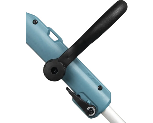 Detailaufnahme eines Rasentrimmers mit Griff und Verstellelementen