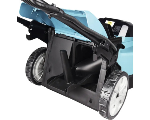 Detailansicht eines Rasenmähers mit Fangkorb und Rädern