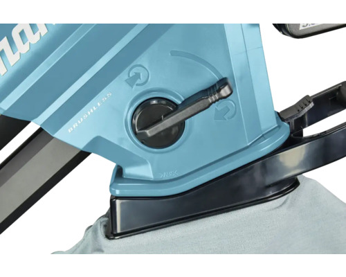 "Detailansicht einer Akku-Blechschere mit Drehknopf und der Aufschrift ""Brushless""."