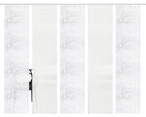 Fünf Paneele einer Schiebegardine mit Baumdesign und Falten