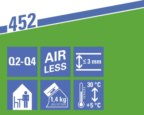 Informationen zu Q2 bis Q4, Airless, maximal 3 Millimeter, 1,4 Kilogramm pro Quadratmeter pro Millimeter und einer Temperatur von 5 bis 30 Grad