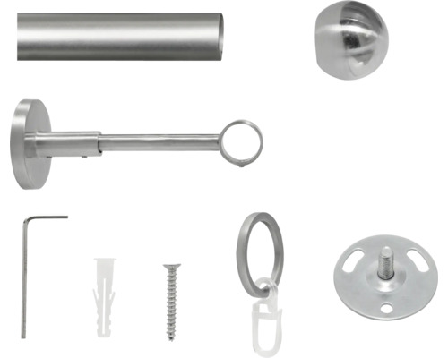 Gardinenstangenset mit Stange, Endstücken, Trägern, Ringen, Schrauben, Dübeln und Montagewerkzeug