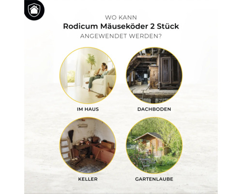 Anwendungsbereiche Rodicum Mäuseköder: im Haus, auf dem Dachboden, im Keller und in der Gartenlaube.