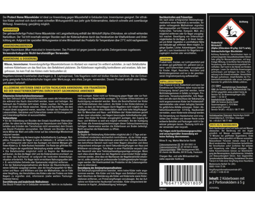 Protect Home Mäuseköder mit Informationen zu Anwendung, Dosierung, Sicherheitsbestimmungen und Erste-Hilfe-Maßnahmen
