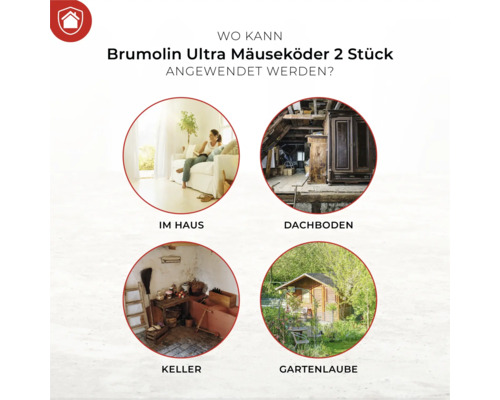 Anwendungsbereiche von Brumolin Ultra Mäuseköder: im Haus, Dachboden, Keller, Gartenlaube