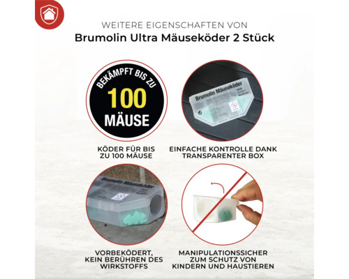 Brumolin Ultra Mäuseköder Produktdetails: Bekämpft bis zu 100 Mäuse, transparente Box für einfache Kontrolle, vorbeködert, manipulationssicher zum Schutz von Kindern und Haustieren