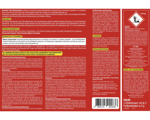 Brumolin Ultra Mäuseköder mit Informationen zu Anwendung, Dosierung und Sicherheitsmaßnahmen