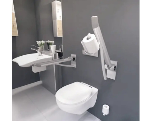 Barrierefreies Badezimmer mit Waschtisch, Toilette und Haltegriff