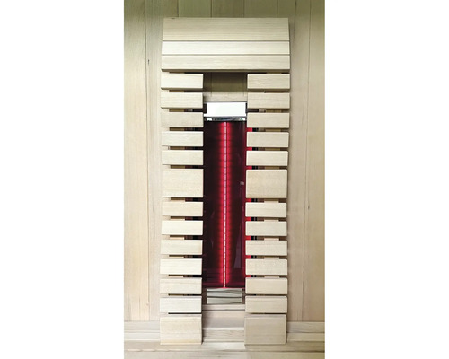 Infrarotkabine mit Holzverkleidung und roter Lichtquelle