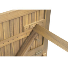 Detailansicht der Unterseite eines Holztisches mit Klappmechanismus