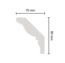 Schemazeichnung einer Zierleiste mit den Maßen 70 mm mal 80 mm.