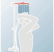 Illustration einer Person, die unter einer Duscharmatur duscht.