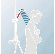 Illustration einer Dusche, die auf eine Person gerichtet ist.