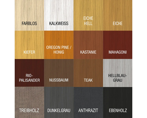 Farbmuster mit verschiedenen Holzfarbtönen wie farblos, kalkweiß, Eiche hell, Eiche, Kiefer, Oregon Pine oder Honig, Kastanie, Mahagoni, Rio-Palisander, Nussbaum, Teak, Hellblaugrau, Treibholz, Dunkelgrau, Anthrazit und Ebenholz.