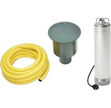 Tiefbrunnenpumpe, gelber Schlauch und Gartenbox