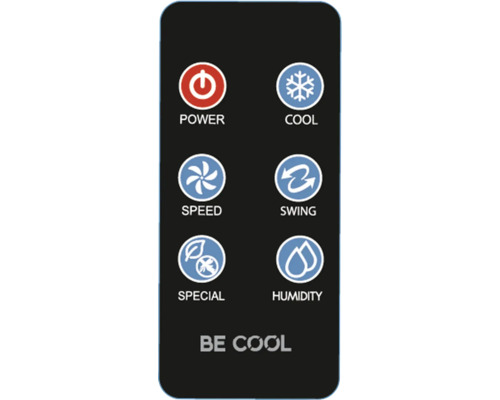 Fernbedienung für Klimaanlage mit Tasten für Leistung, Kühlung, Geschwindigkeit, Schwingen, Spezialfunktionen und Luftfeuchtigkeit