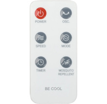 Be Cool Fernbedienung mit Power-, Oszillations-, Geschwindigkeits-, Modus-, Timer- und Mückenabwehrfunktion.