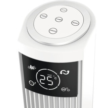 Detailansicht eines Turmventilators mit Bedienelementen und Temperaturanzeige