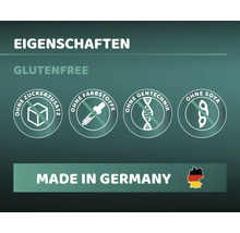 Produktmerkmale: glutenfrei, ohne Zuckerzusatz, ohne Farbstoffe, ohne Gentechnik, ohne Soja, hergestellt in Deutschland