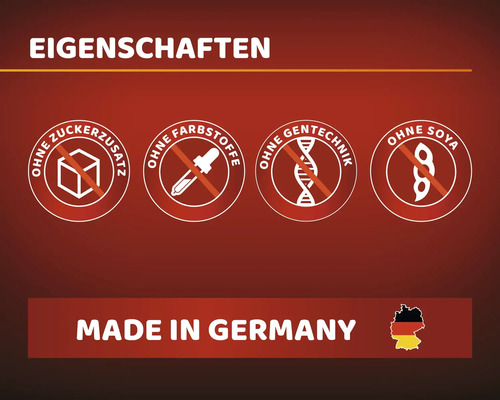 Eigenschaften: ohne Zuckerzusatz, ohne Farbstoffe, ohne Gentechnik, ohne Soja, Made in Germany