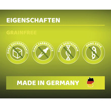 Eigenschaften: getreidefrei, ohne Zuckerzusatz, ohne Farbstoffe, ohne Gentechnik, ohne Soja, hergestellt in Deutschland