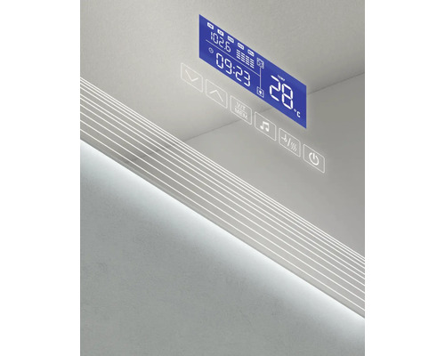 Spiegel mit digitaler Anzeige von Uhrzeit und Temperatur sowie Touchscreen-Bedienfeld