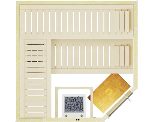 Draufsicht einer Sauna mit Bänken, Ofen und Zubehör