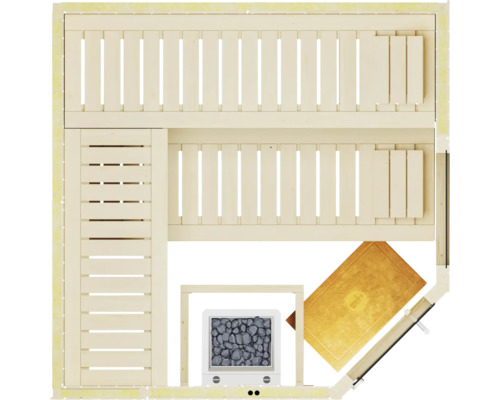 Draufsicht einer Sauna mit Bänken, Ofen und Zubehör