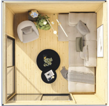 Innenansicht eines Gartenhauses mit Sitzgruppe, Tisch und Dekoration von oben