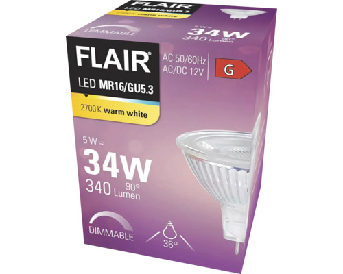 Verpackung einer dimmbaren Flair LED MR16/GU5.3 Lampe mit 5 Watt, 340 Lumen und Energieeffizienzklasse G