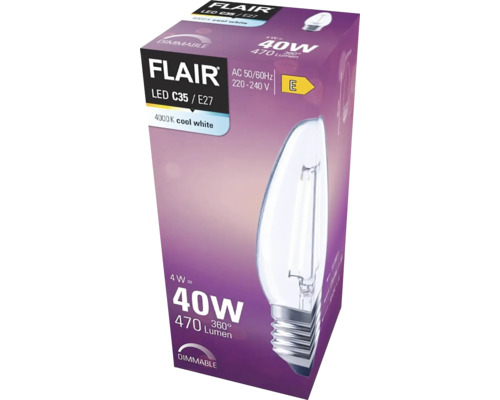 Verpackung einer dimmbaren Flair LED C35 E27 Lampe mit 4 Watt, entspricht 40 Watt, 470 Lumen und 4000 Kelvin kaltweiß