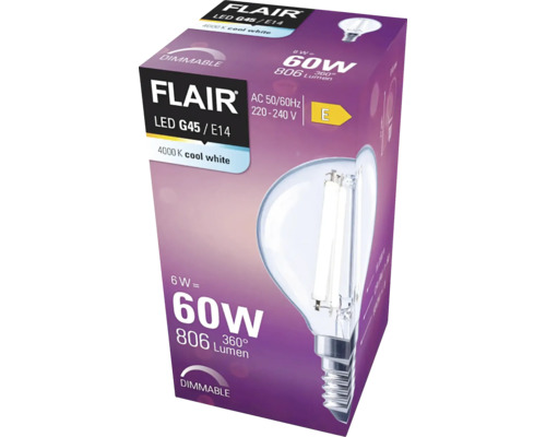 Flair LED G45 E14 Leuchtmittel in Produktverpackung