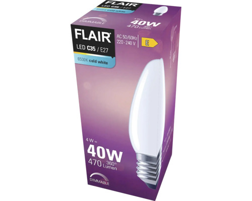 Verpackung einer Flair LED Lampe C35 E27, 4 Watt, 470 Lumen, dimmbar