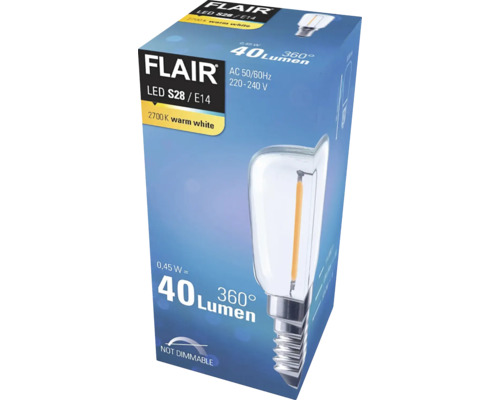 Verpackung einer Flair LED Lampe S28 E14, 40 Lumen, nicht dimmbar