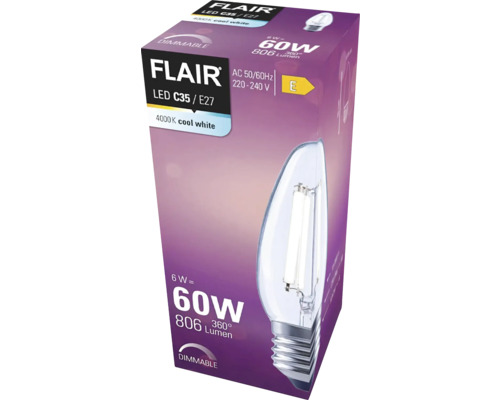 Verpackung einer dimmbaren Flair LED C35 E27 Lampe mit 4000 Kelvin kaltweißem Licht