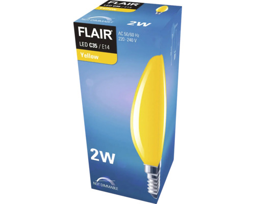 Verpackung einer gelben Flair LED C35 E14 Leuchte, 2 Watt, nicht dimmbar