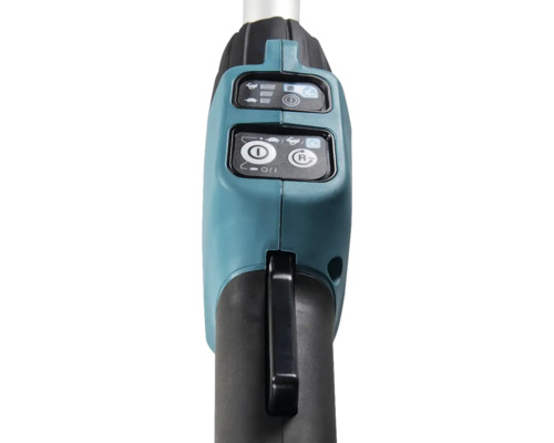 Detailansicht eines Akku-Geräts mit Bedienelementen und Display.