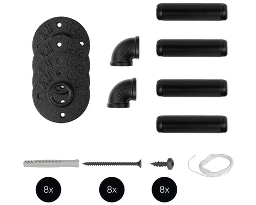 Rohrregal-Bausatz mit Rohren, Flanschen, Winkelstücken und Montagematerial