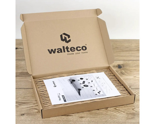 Offener Karton mit Montageanleitung und Walteco Logo