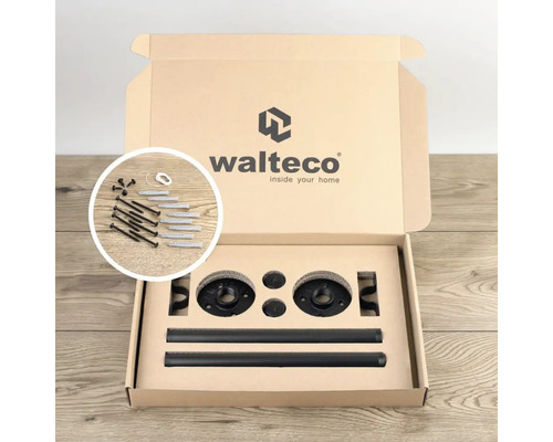 Offene Verpackung mit Einzelteilen für eine Wandgarderobe und Walteco Logo.