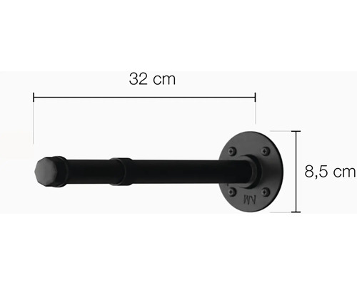 Schwarze Handtuchstange aus Metall mit den Maßen 32 Zentimeter und 8,5 Zentimeter.