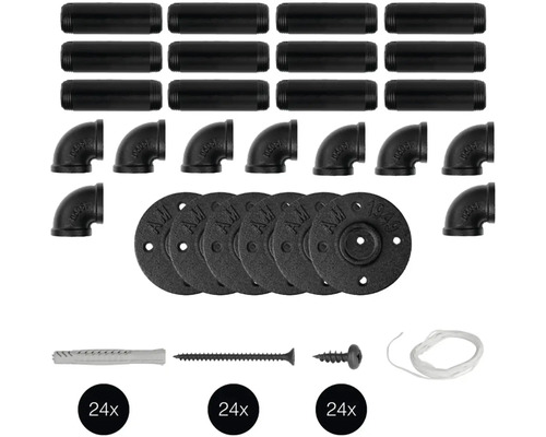 Rohrverbinder Set mit Rohren, Winkeln, Flanschen, Dübeln und Schrauben
