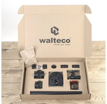 Walteco Logo. Installationsset mit Rohren, Armaturen und Zubehör in einem Karton.