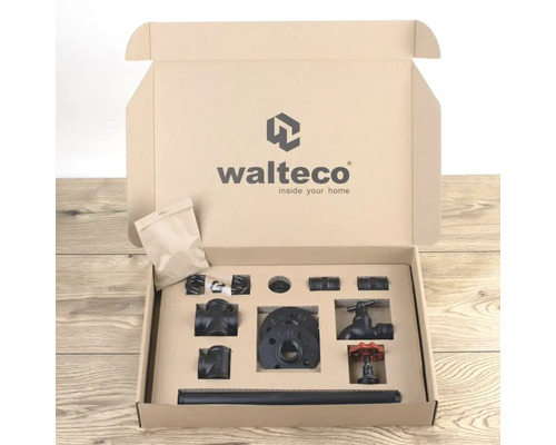 Walteco Logo. Installationsset mit Rohren, Armaturen und Zubehör in einem Karton.