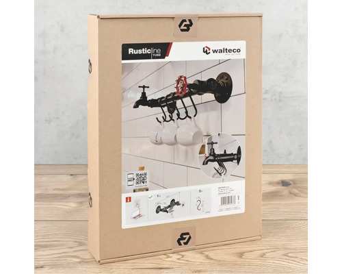 Verpackung einer Wandgarderobe im Industrial Design mit Wasserhahnoptik