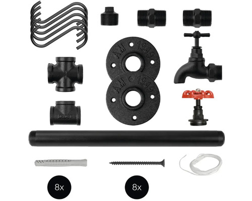Set mit Sanitärrohren, Rohrbögen, S-Haken, Schrauben und Dübeln