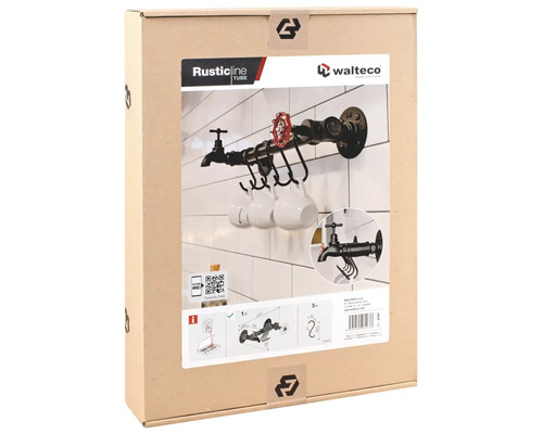 Verpackung einer Wandgarderobe im Industrie-Stil mit Wasserhahn-Design inklusive Haken