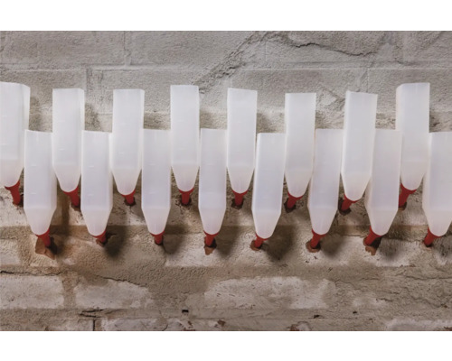 Reihe von Kunststofftränken mit rotem Anschluss an einer Wand