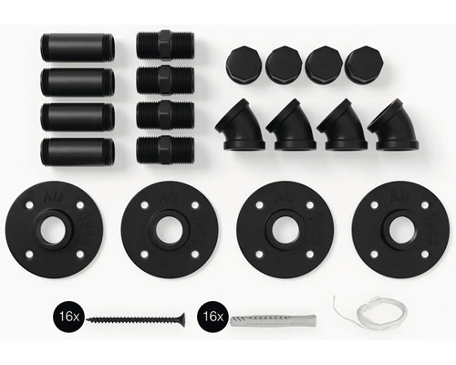 Rohrverbinder Set mit Rohren, Winkel, Stopfen, Schrauben und Dübeln