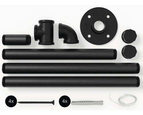 Schwarzes Regalbausatz mit Rohren, Flansch, Winkel, T-Stück, Schrauben, Dübel und Kabel